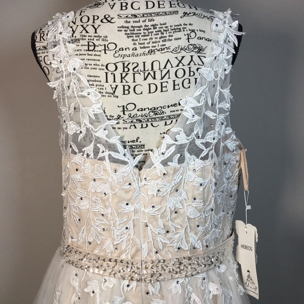 NWT blush pink and white embroidery leaf toile Hebeos short wedding dress 18/20W - Picture 5 of 9
